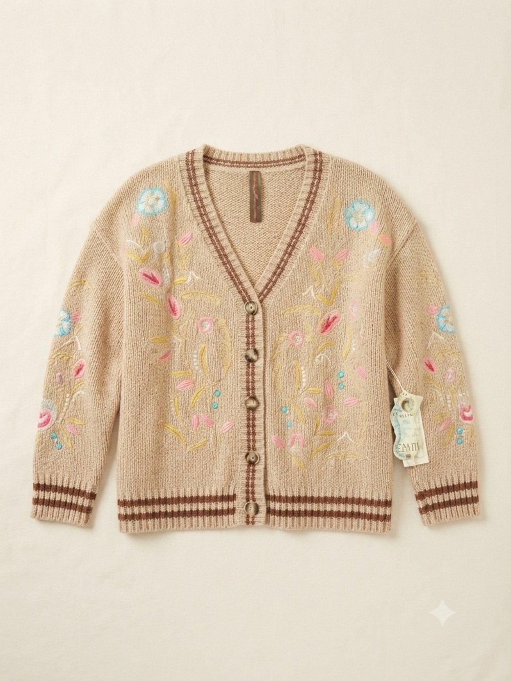 Aratta Floral Cardigan Sweater Women Small Oatmeal NWT Embroidered Angora Blend